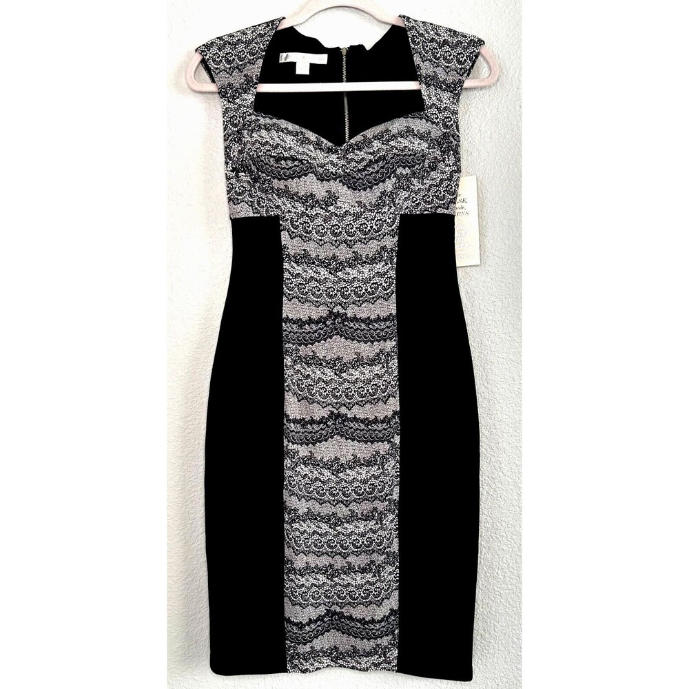 Boston Proper Fitted Dress Black Ivory Lace Print Scuba Stretch Mini Pencil SZ 4